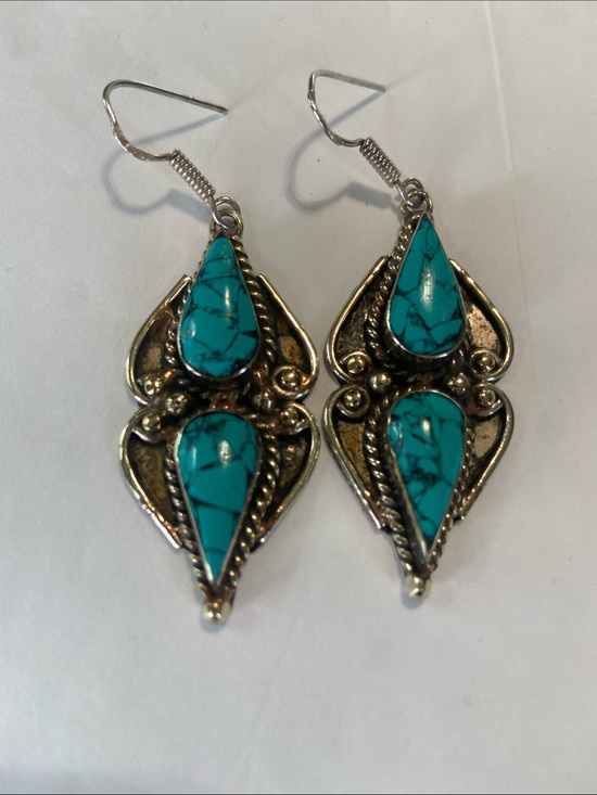 Artisan Jewelry - Tibetan Turquoise Teardrop Earrings in 925 Sterling Silver.